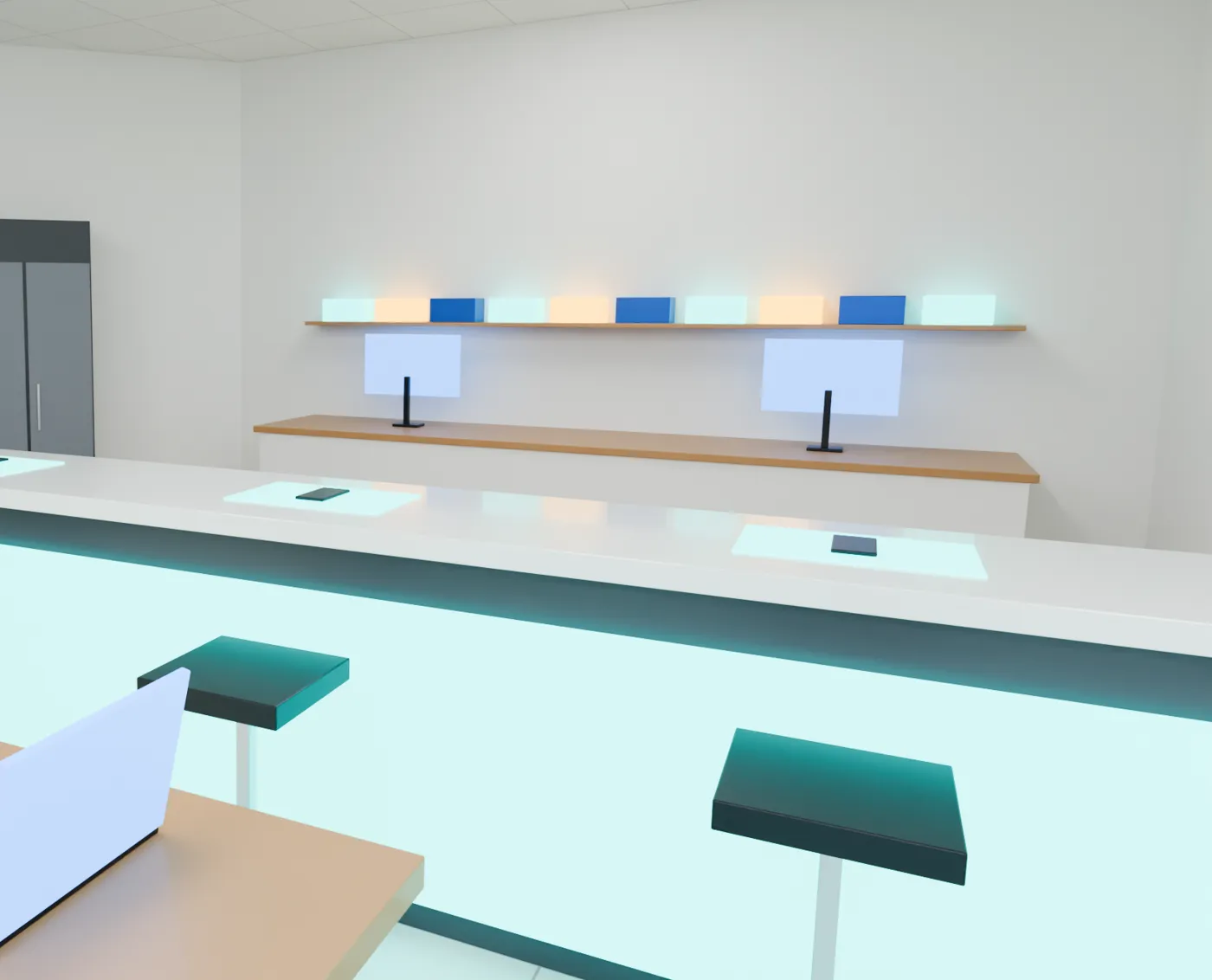 Concept render of the FixLab Electronics repair counter with bar seating